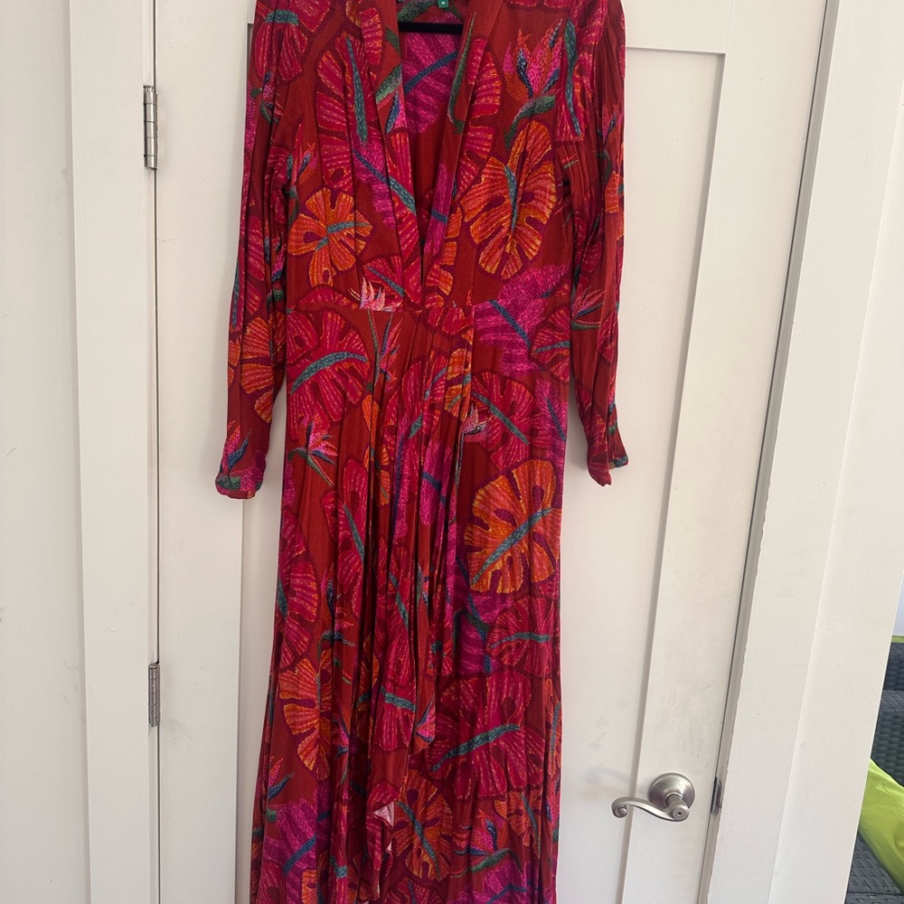 Farm Rio Red Delicate Leaves Maxi Dress Size Medium - Picture 5 of 12